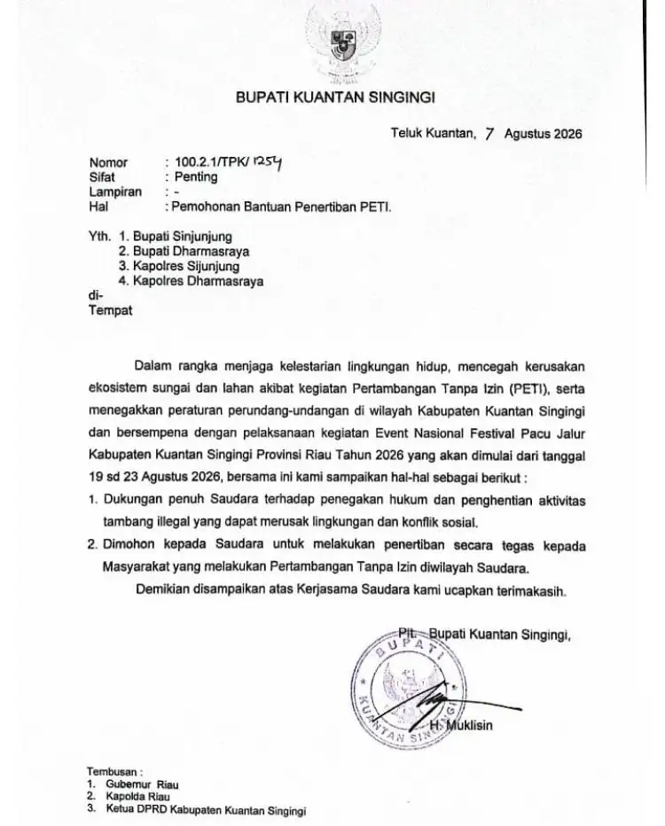 Jelang Pacu Jalur 2026, Plt Bupati Kuansing Minta PETI di Sijunjung dan Dharmasraya Ditertibkan