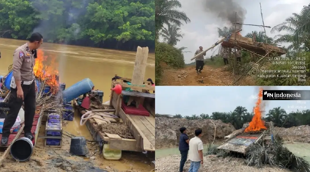 Polres Kuansing Tertibkan Enam Sarana PETI di Tiga Kecamatan, Rakit dan Dompeng Dibakar